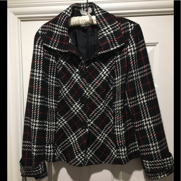 Chico’s Black/Red/White Plaid Lined Coat Size 1 (US Medium/8) - Picture 3 of 16